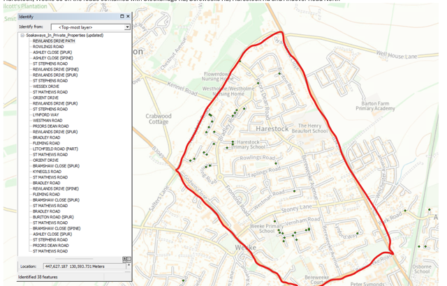 Map of fixes to Blocked Drains and Soakaways in Harestock